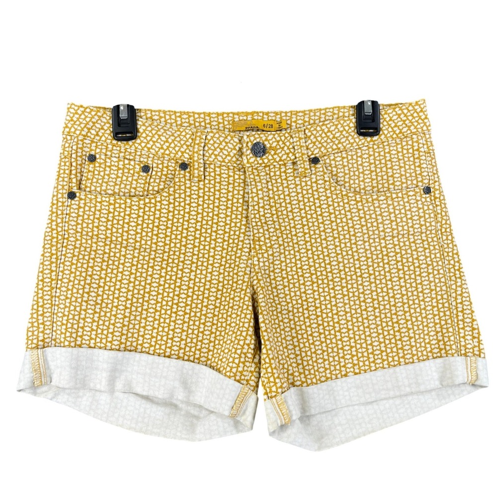 Prana Kara Shorts Women Sz 6 Geometric Mustard Yellow Cuffed Stretch Hiking Yoga